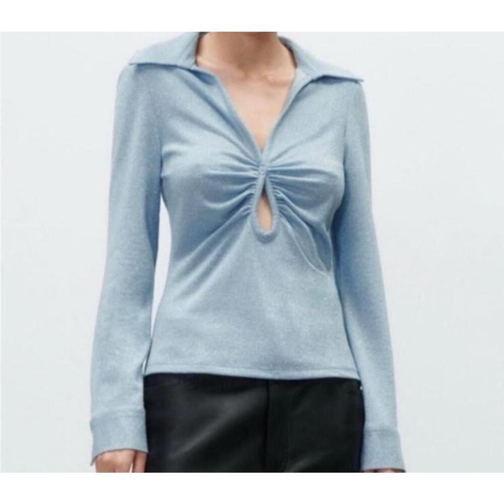 Zara Icy Blue Metallic Collared Keyhole Cutout Long Sleeve Top Size XL - Picture 8 of 8